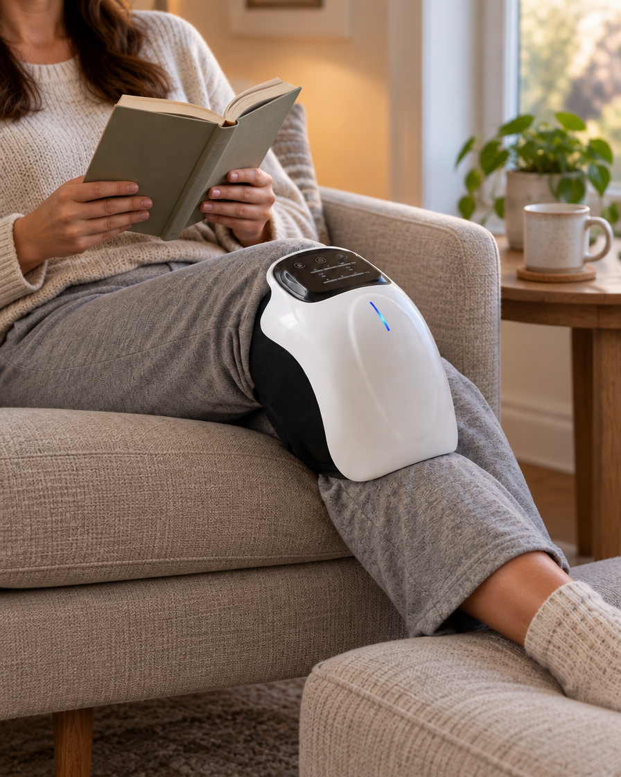 Orvena infrared heated knee massager worn while reading in a comfortable chair