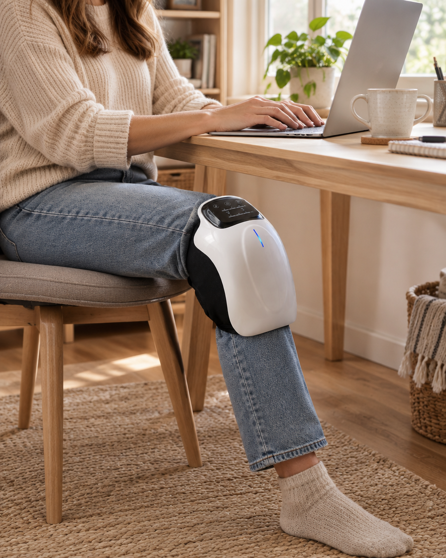 Orvena infrared heated knee massager worn while working in a calm home office